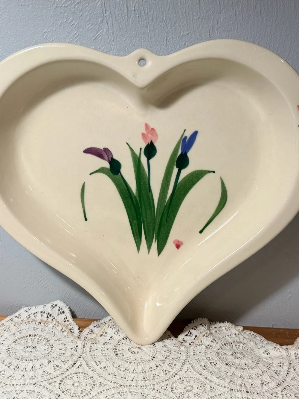 Vintage 1990 Heart-Shaped Ceramic Wall Plate with Hand-Painted Floral Design